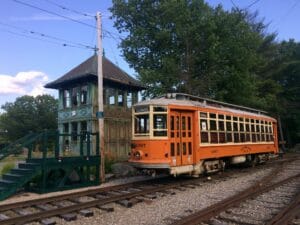 Eastern Mass 4387 and Tower C at Seashore Trolley Museum