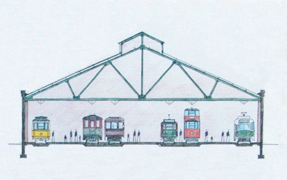 Interior concept drawing of a new Exhibit Hall for trolleys
